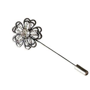 Rhinestone Stick Brooch | Floral Filigree Lapel Pin | Gunmetal Crystal Jewelry